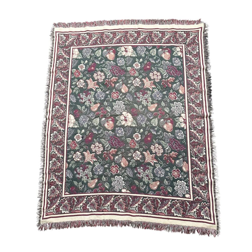 LL Bean Vintage USA Red Green Cream Leaf Floral Vines Tapestry Throw Blanket